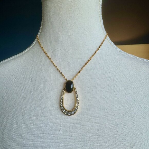 Gold Necklace with Black Cabochon and CZ - Picture 3 of 7